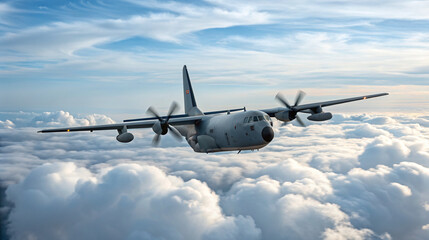 Obraz premium Military aircraft flying high above the clouds in clear blue sky with powerful engines in motion