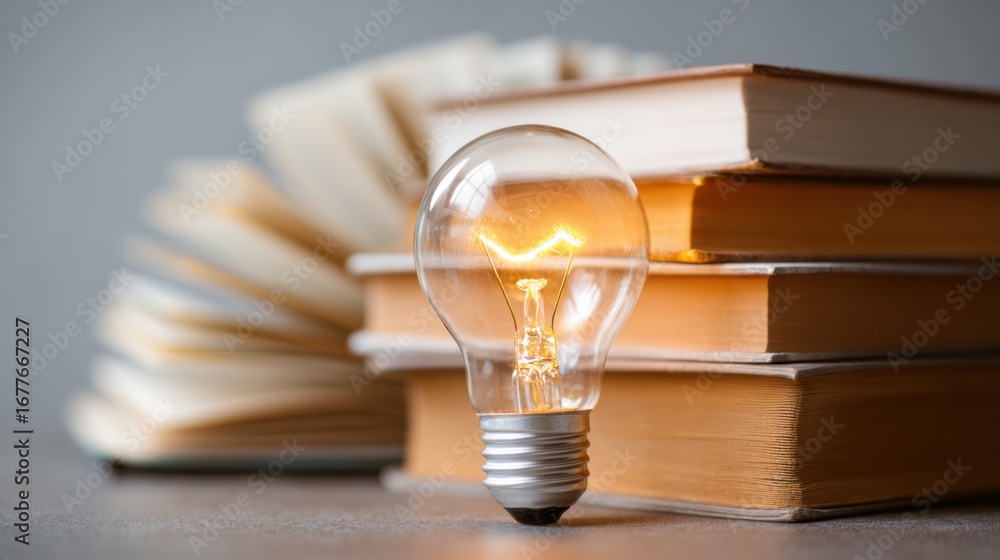 Poster a glowing light bulb sits next to a stack of books on a table. the books are partially opened, creat
