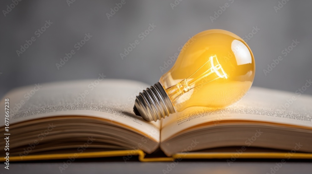 Poster an open book with pages slightly turned rests on a table, featuring a glowing light bulb placed on t