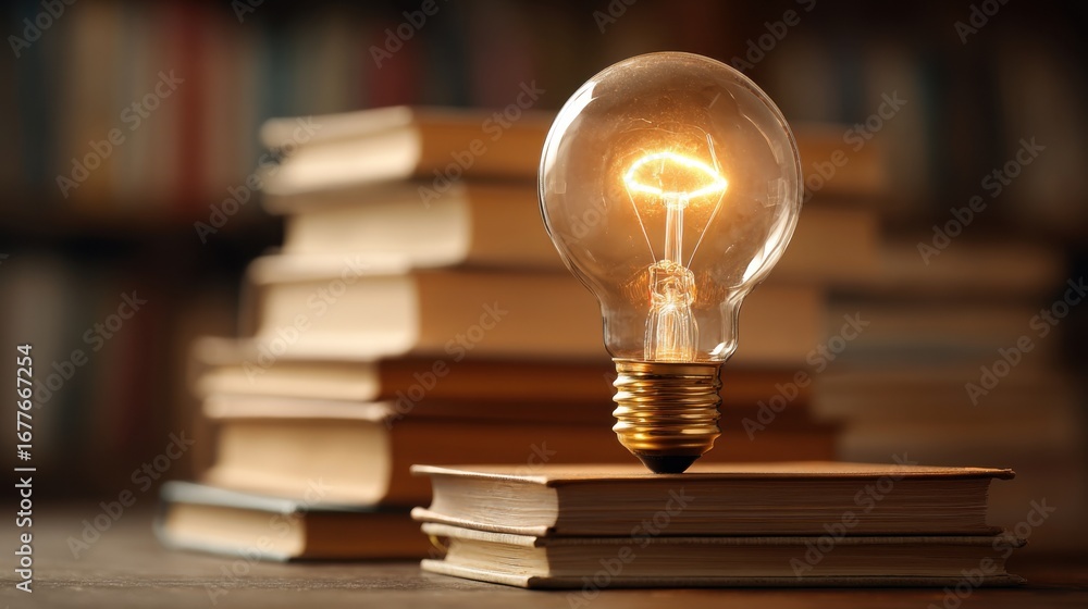 Poster a glowing light bulb is placed on top of stacks of books in a cozy study. the warm light illuminates