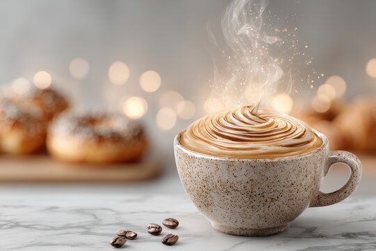 Steaming coffee in a ceramic mug with creamy swirls and magical bokeh