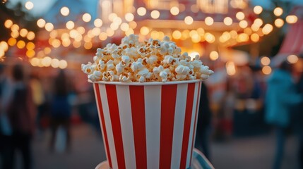 Bright Red and White Popcorn Bucket at a Funfair with Bokeh Lights