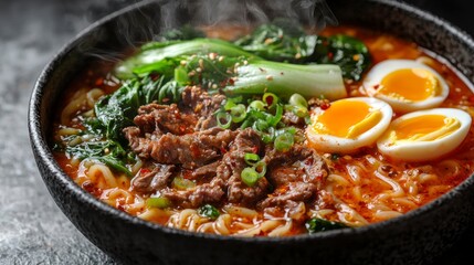Fototapeta premium Close-up of spicy noodle soup with beef, eggs, and vegetables - Concept of Spicy Noodles 