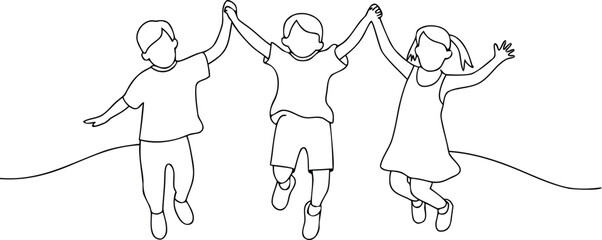 Illustration of children holding hands jumping together