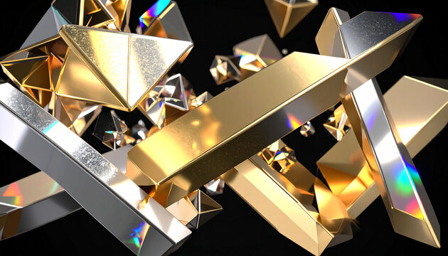Abstract 3D rendering of dynamic golden and silver metallic prisms with iridescent reflections floating on a dark background