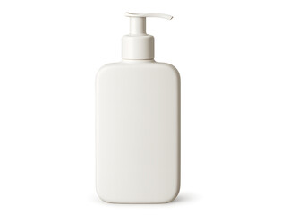 A white plastic pump bottle with a light beige pump dispenser for liquid soap lotion or sanitizer isolated on transparent background