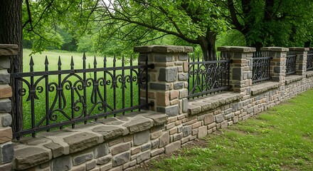 Elegant Black Metal and Stone Wall Fence.