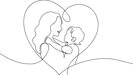 Mother and child in heart shape one line