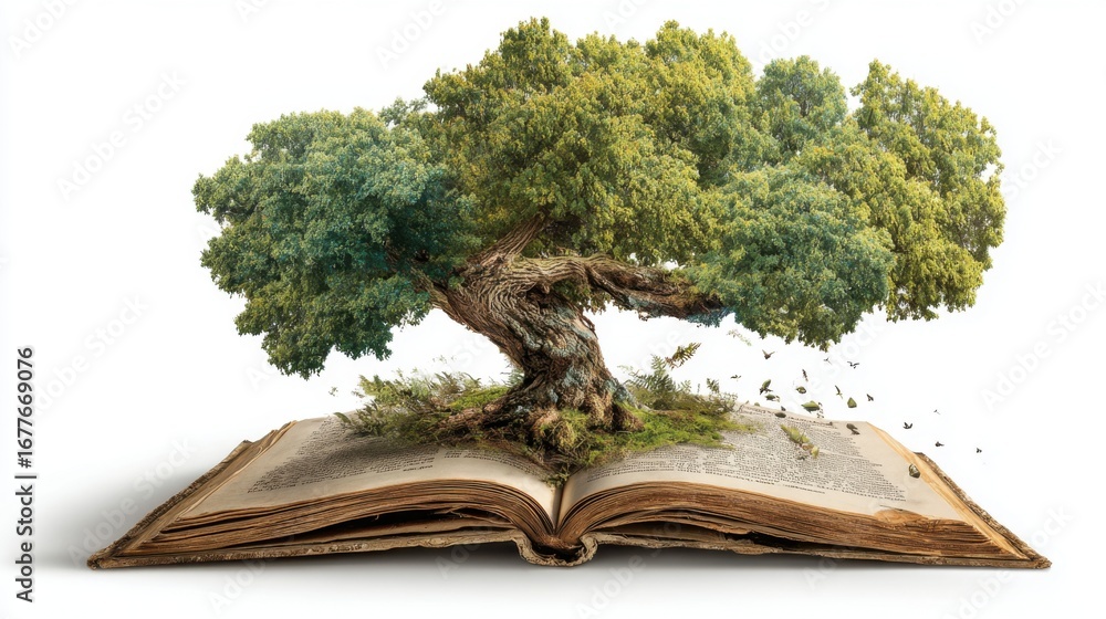 Poster this artwork features a lush tree sprouting from the pages of an open book, symbolizing the connecti