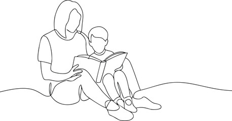 Mother and son reading book one line art