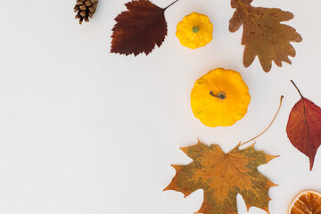 Autumn holiday frame composition with pattern made of leaf, punpkins, dried orange, pine cone on...