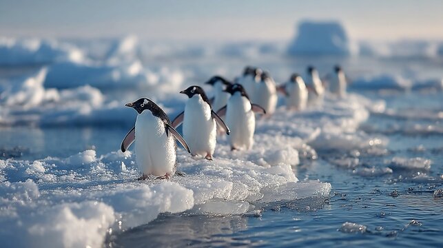 Penguins huddled on ice or diving into the sea in Antarctic regions, perfect for cold-climate wildlife, nature, and educational visuals