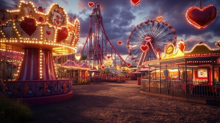 Obraz premium Colorful Night Scene of a Carnival Theme Park with Heart Decorations