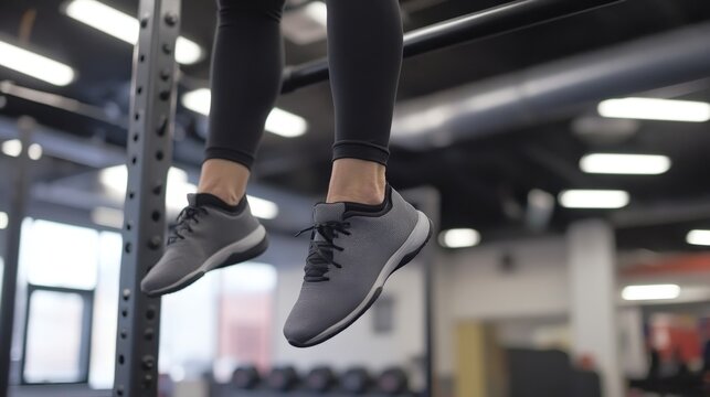 Close-up of feet in athletic shoes hanging from a gym bar.