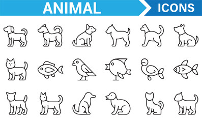 Outline animal icon set including fish, cat, dog, bird, and seal for zoology and pet projects
