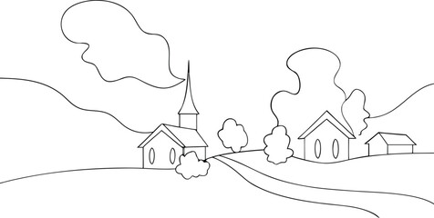 Rural landscape with church and houses outline drawing