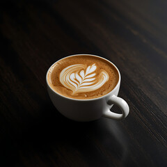 A dark surface coffee cup with a latte art design.