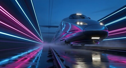 Dynamic Low-Angle View of a Futuristic Electric Bullet Train with Motion Blur, Emerging from a High-Speed Tunnel with Glowing Geometric Patterns at Dusk, Reflecting on Wet Tracks.