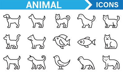 Animal icons collection including dog, cat, fish, and bird for pet, wildlife, and veterinary projects