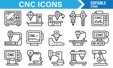 Editable stroke CNC line icons including robotic arms, lathe, and precision factory machines