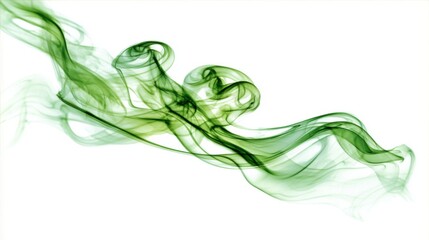 Delicate tendrils of green smoke float gracefully, creating a mesmerizing abstract pattern against a bright white background, showcasing fluid motion and elegance.