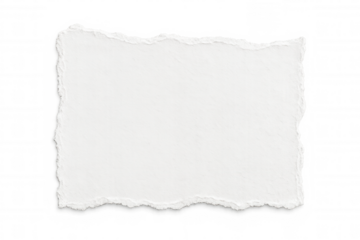 Ragged-edged white paper fragment, ripped with uneven margins, floating against transparent surface for design projects