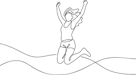 Single line drawing of woman jumping excitedly
