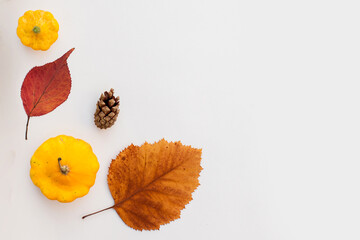 Autumn holiday frame composition with pattern made of leaf, punpkins, dried orange, pine cone on...