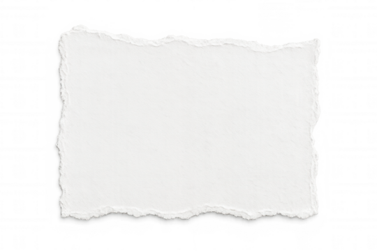 Ragged-edged white paper fragment, ripped with uneven margins, floating against transparent surface for design projects - Powered by Adobe