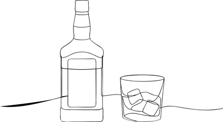 Whiskey bottle and glass ice minimalist illustration