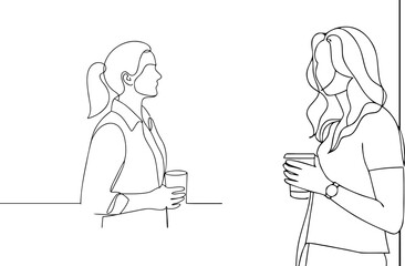 Two women talking over coffee line drawing