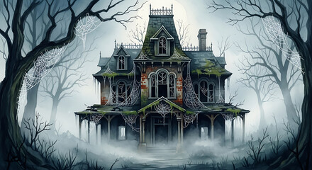 Spooky haunted house with cobwebs and bare trees in fog