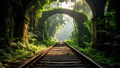 A sun-drenched path of railway tracks winds through a lush, overgrown tunnel of ancient arches,  evoking a sense of tranquility and mystery.