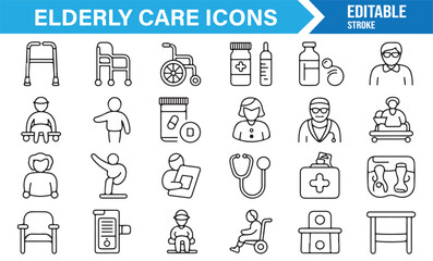 Outline elderly care icons set including rehabilitation, nurse, and wellness design elements