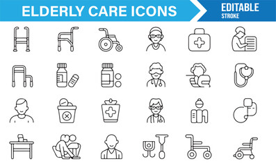 Senior health and elderly care icon pack for hospital, clinic, and medical assistance graphics