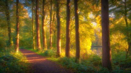 Naklejka premium Misty Forest Path with Sunlight and Lush Green Trees Tranquil Nature stock photo