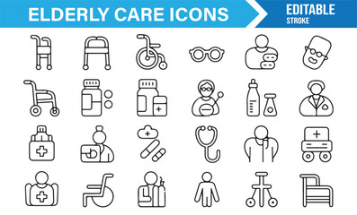 Editable stroke elderly and senior health icons for hospital, clinic, and caregiving designs