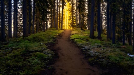 Obraz premium Mystical forest path leading to bright golden light, enchanted woodland trail with mossy ground, ethereal sunbeams through dark pine trees
