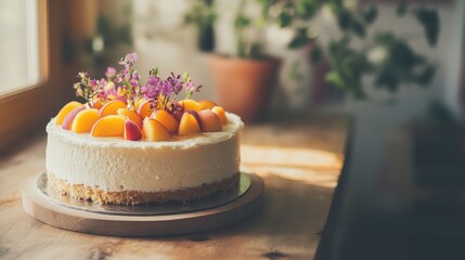 Delicious cheesecake with fresh fruit and colorful edible flowers