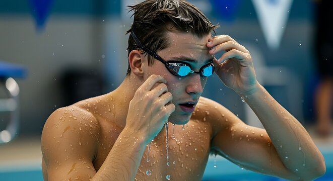 Competitive swimmer adjusts goggles after completing aquatic training session exercise