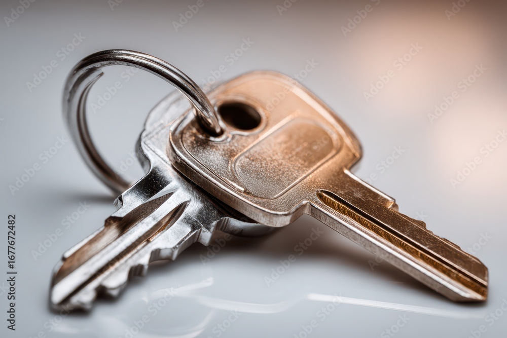 Poster a macro shot focusing on two keys connected by a metal ring, placed on a smooth surface, with a soft