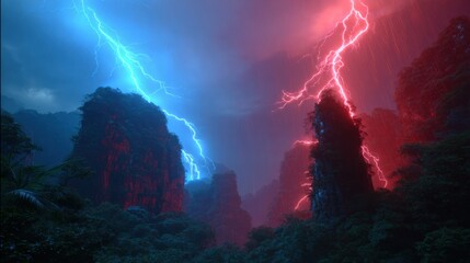 Obraz premium A striking contrast of blue and red lightning illuminates towering rock formations amidst a dense, lush forest backdrop. The atmosphere is charged with energy as nature showcases its power.