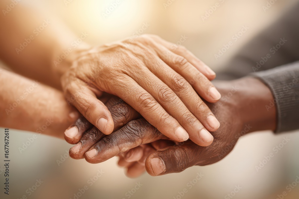 Poster close-up of diverse hands stacked together showing unity and support, symbolizing teamwork, cooperat