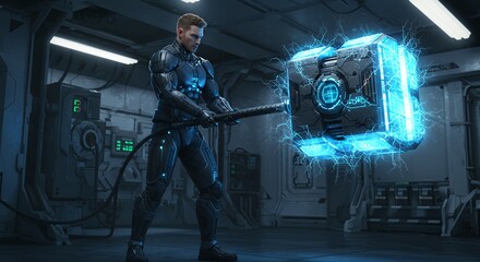 Futuristic character striking glowing energy cube