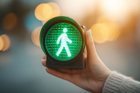 A close-up of a hand holding a green pedestrian traffic light, signaling it's safe to cross, with bokeh lights creating a blurred background and emphasizing the signal.