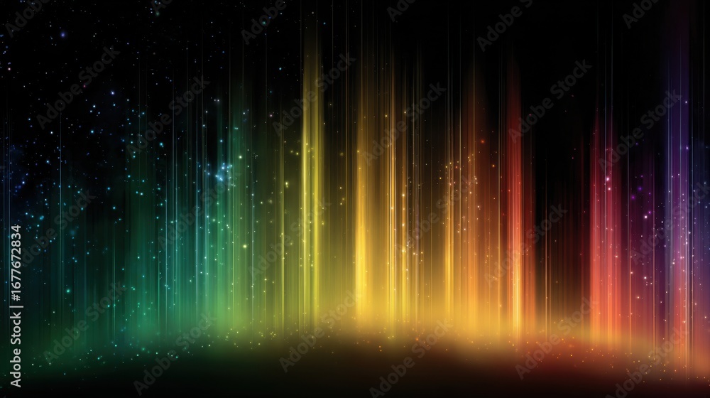 Poster bright vertical beams of color stretch upward from a dark background, creating a striking visual eff