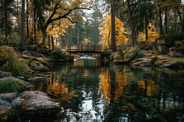 Obraz premium Autumn serenity a small bridge over a reflective river nature documentary photography tranquil forest setting