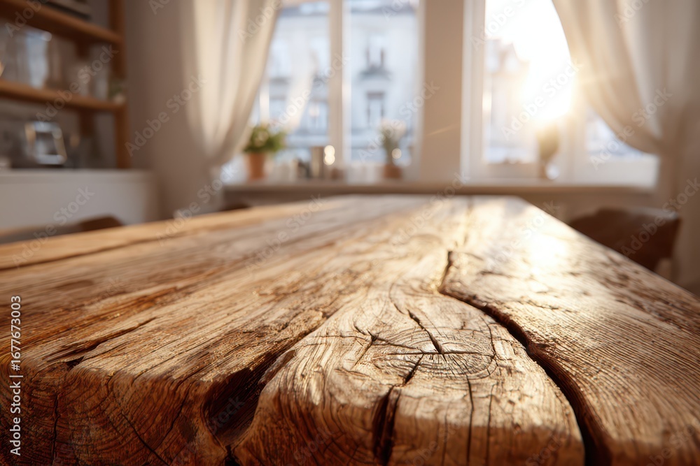 Poster close-up of an old wooden table with sun rays coming through the window, creating a warm and invitin