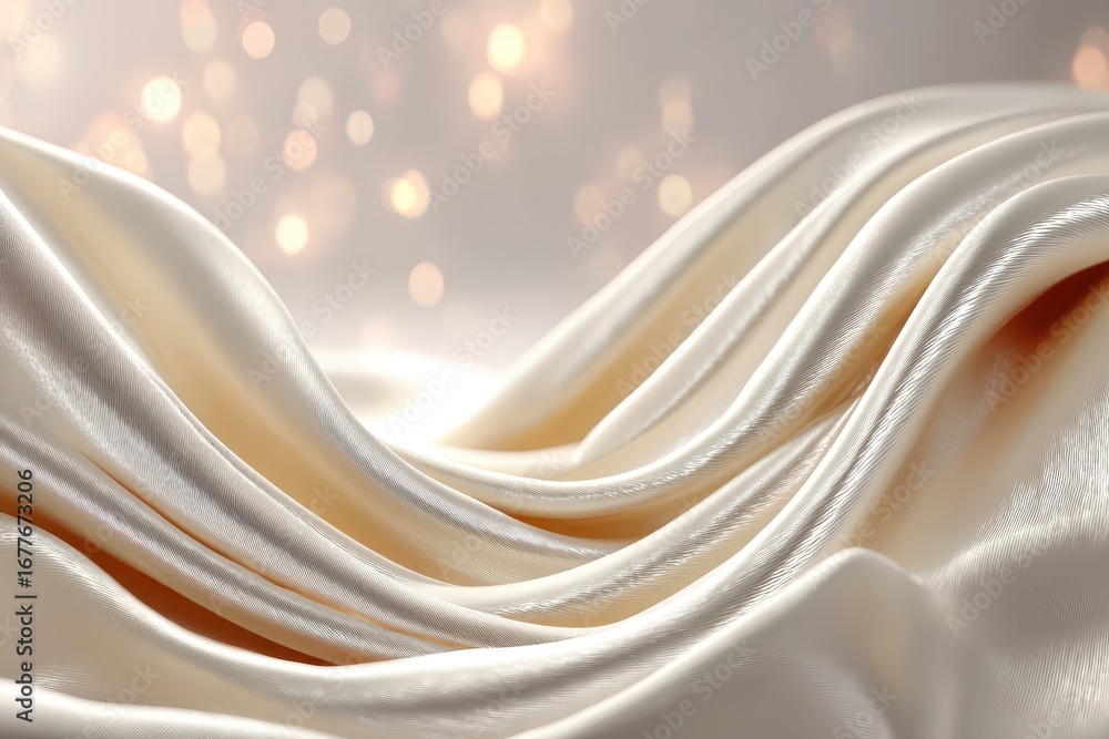 Poster an elegant cream satin fabric draped artfully with a bokeh background of warm light, creating a luxu