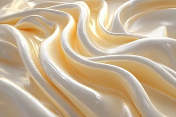 Obraz premium Abstract close-up of shimmering pearlescent silk fabric, featuring elegant folds and a soft, luxurious texture in a creamy, pale yellow hue, ideal for backgrounds.